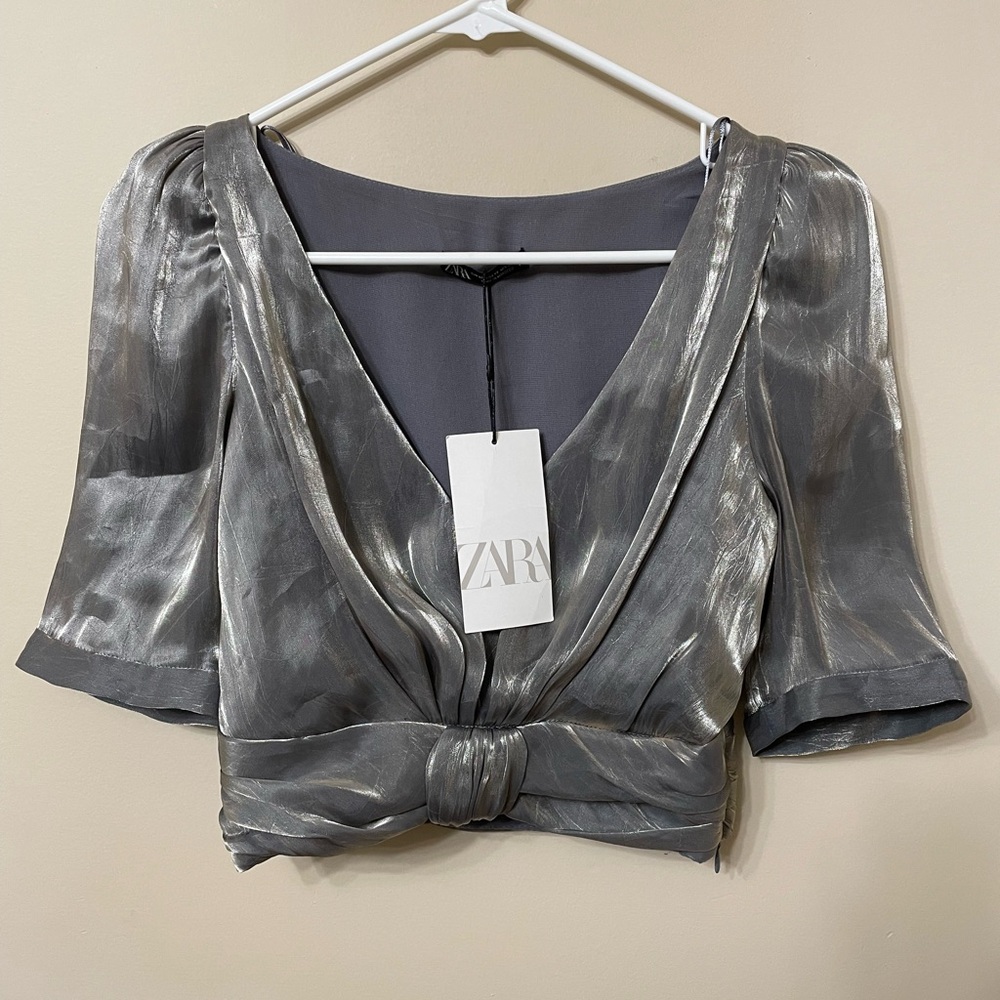 Zara Silver Puff Sleeve Crop Blouse